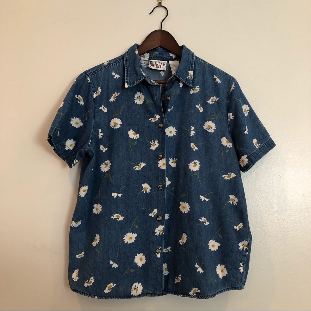 Vintage Bill Blass Jeans Denim Daisy short sleeve Top size Large